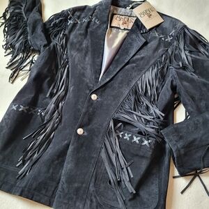 Black Fringe Suede Leather Jacket Womens Size Large By Madison Creek